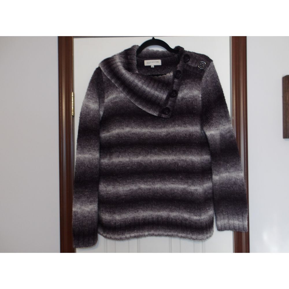 Jones New York Ombré Striped Cowl Neck Sweater Button Detail Winter Knit